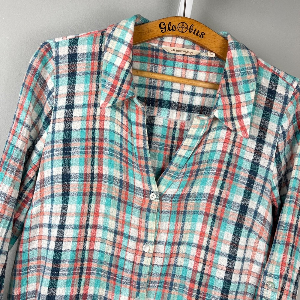 Soft Surroundings‎ Womens M Emerson Plaid Top Tunic Gauzy Coastal 100% Cotton